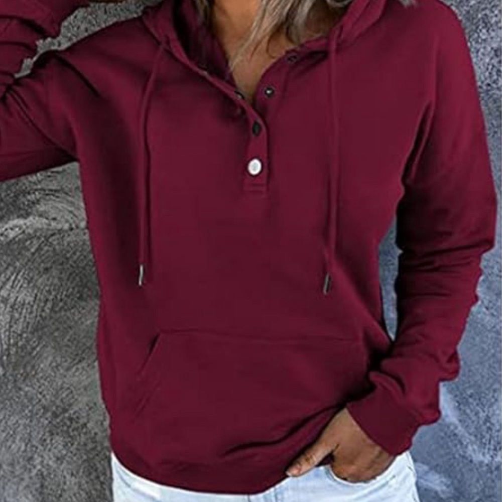 BURGUNDY RED PULLOVER BUTTON UP HOODIE W/KANGAROO POCKET